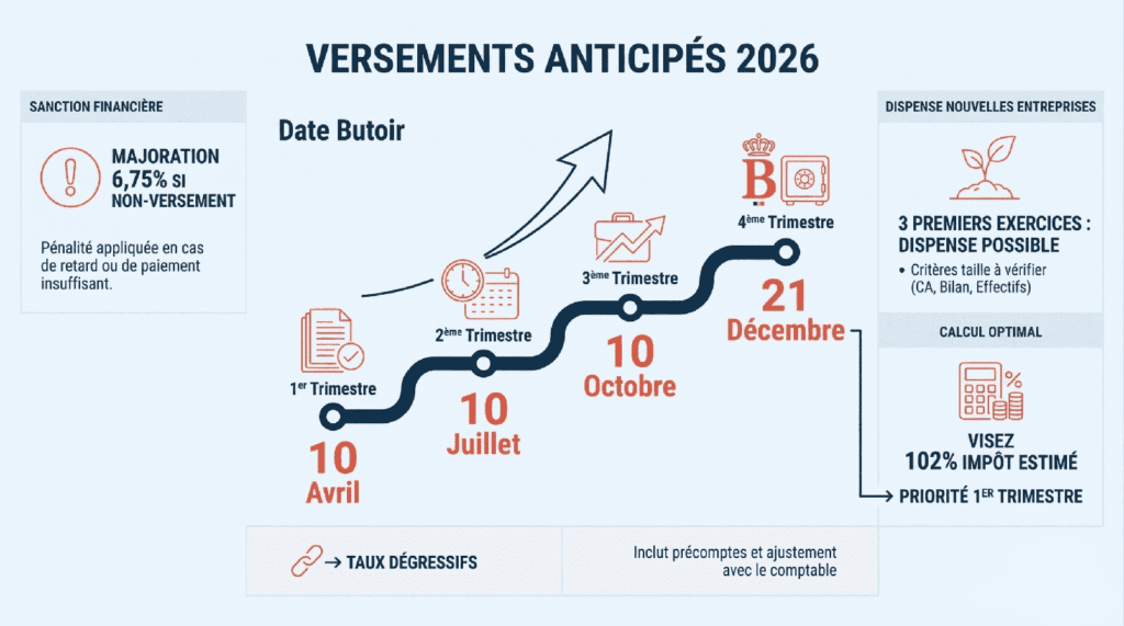 Infographie des dates limites de versements anticipés 2026 en Belgique, pénalités, avantages et conseils pour les entreprises.